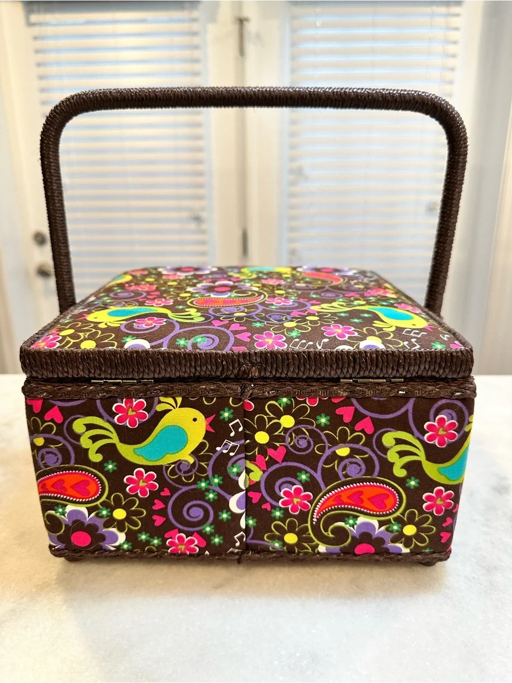 Vintage Colorful Floral Sewing Box/Basket with Tray - Made In Philippines 🇵🇭